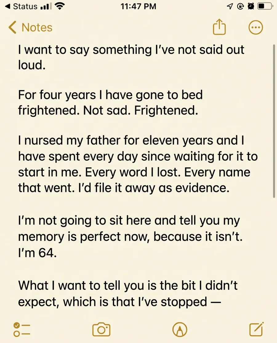 Screenshot of an iPhone Notes app entry, cut off mid-sentence, beginning: I want to say something I've not said out loud. For four years I have gone to bed frightened.